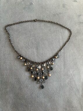 Delicate Gunmetal, Pearl, Light and Dark Blue Rhinestones. Statement Necklace